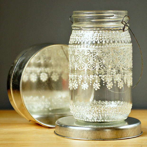 Ручная роспись Мейсон Jar марокканских фонарей, кружево дизайна White Pearl - на Crystal Clear стекла