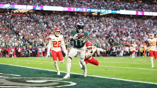 AJ Brown catches a touchdown in the Super Bowl.