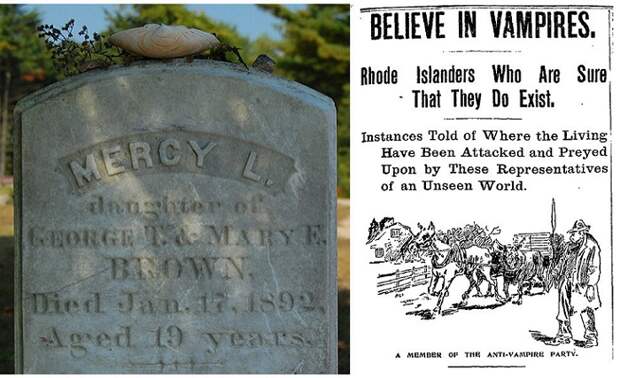 Слева: могила Мерси Браун, справа: листовка, описывающая убеждения жителей Род-Айленда в существовании вампиров. | Фото: thevintagenews.com.