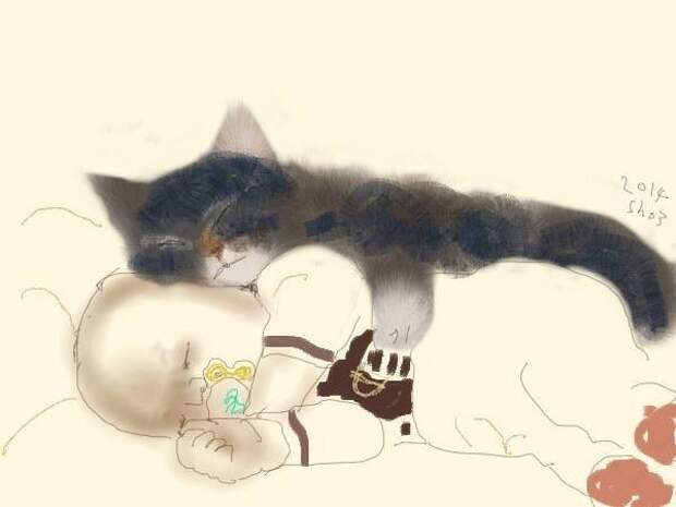 Бонус: рисунок Shozo Osaki "Спят" котики, мимими