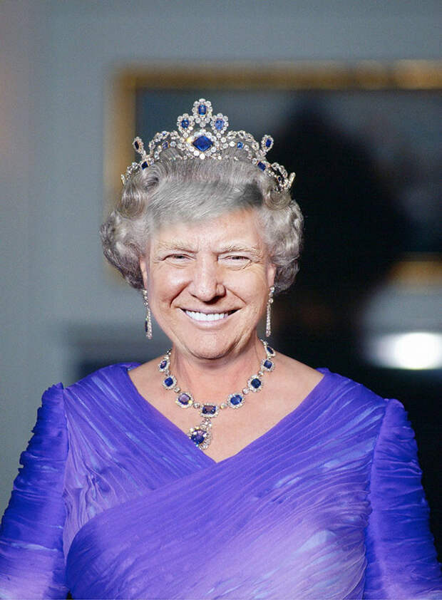Что будет, если Трампа одеть в гардероб английской королевы? Дональд Трамп, великобритания, королева Елизавета, сша, фотошоп