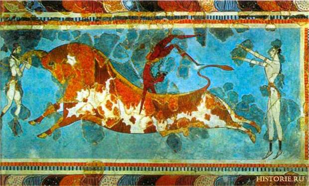 Ритуальный бой с быком. Фреска из Кносского дворца. Крит. XVI в. до н. э.