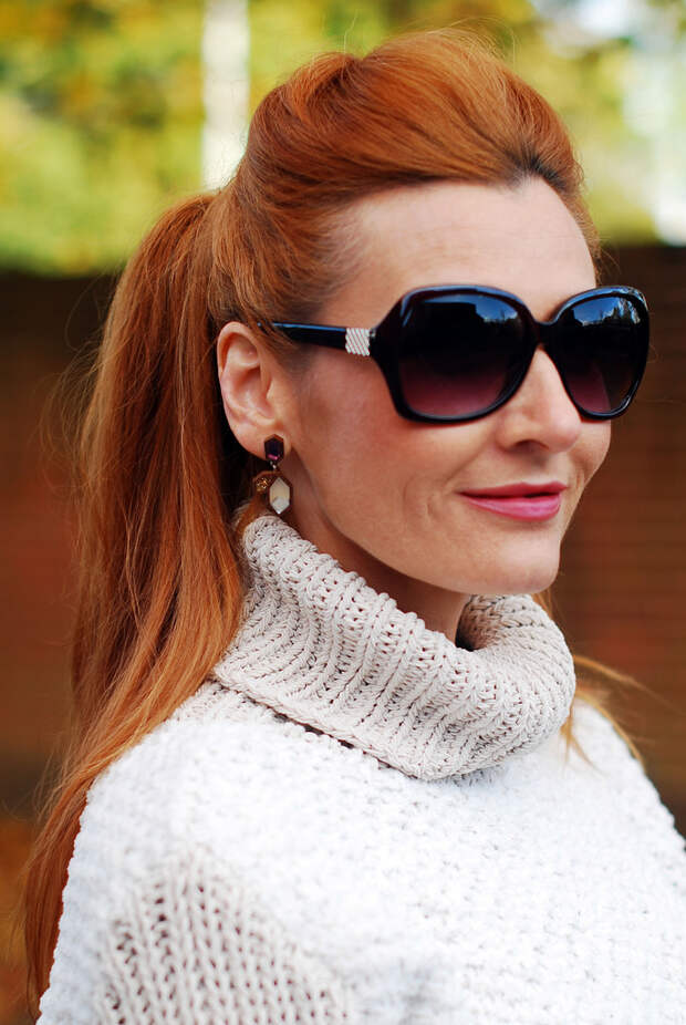 Roll neck sweater and Wolf and Moon earrings - over 40 fashion