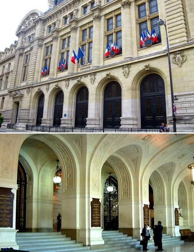 Фасад и фойе Академического дворца Сорбонны (Париж, Франция).