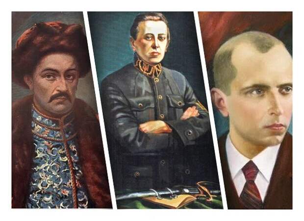 Главные гхерои Украины: Гетман Мазепа, Симон Петлюра и Степан Бандера (изображение взято из открытых источников)