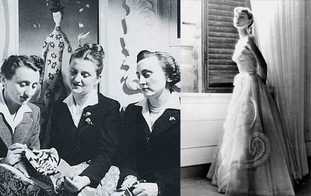 Сестры Фонтана и Одри Хепберн в одном из их платьев.