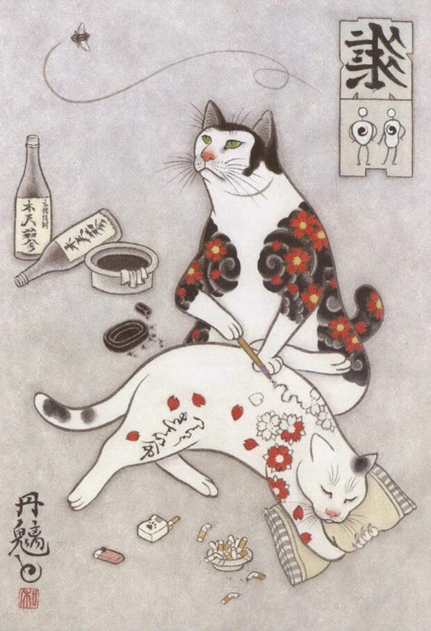 japanese-tattoo-paintings-monmon-cats-kazuaki-horitomo-36