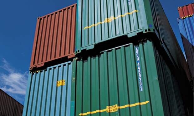 Shipping containers in a shipyard