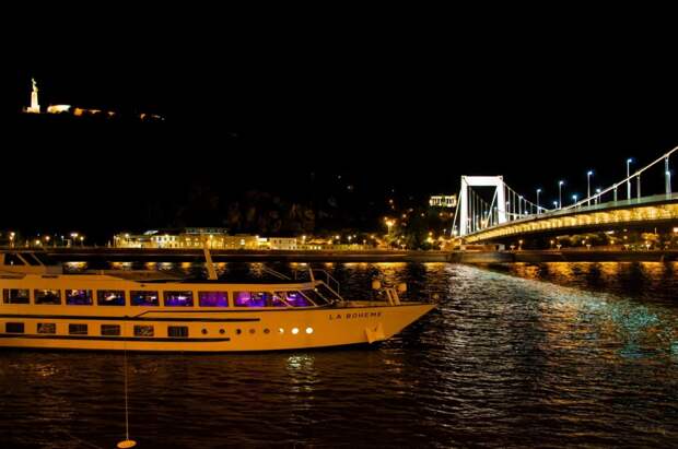 Ночной Будапешт. Вид на реку Дунай и район Буда
