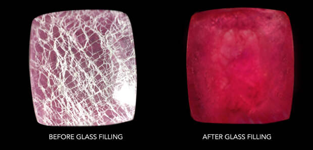 Рубин до и после заполнения трещин стеклом 