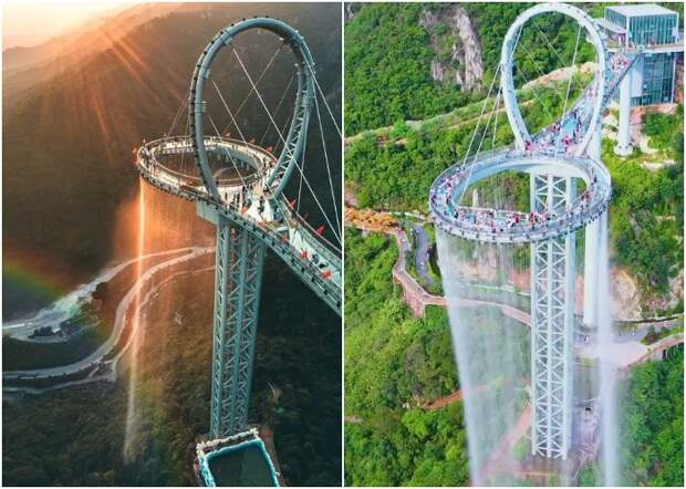 Под смотровой площадкой установлено 450 форсунок, которые позволяют организовать самый масштабный круговой водопад в мире (Huangtengxia Tianmen Sky Walk, Гуандун). Под смотровой площадкой установлено 450 форсунок, которые позволяют организовать самый масштабный круговой водопад в мире (Huangtengxia Tianmen Sky Walk, Гуандун).