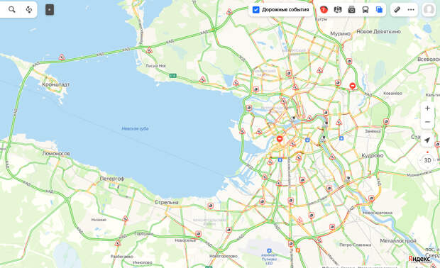 Пятничные пробки в Петербурге отбили 7 баллов, а Пулковское и Московское шоссе покраснели