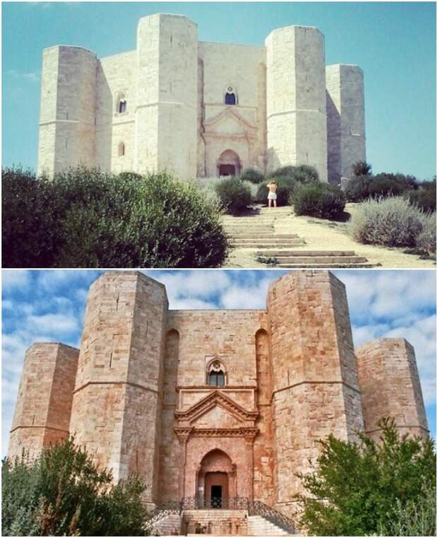 В зависимости от освещения Castel del Monte может быть как белоснежным, так и розового или песочного цвета (Италия).