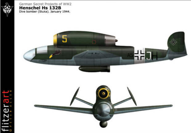 Henschel Hs-132 – немецкий реактивный пикирующий бомбардировщик 1944-1945 годов, так и не вышедший из стадии прототипа. В нём тестировались необычные решения – расположение двигателя наверху фюзеляжа и положение пилота – он должен был лежать на животе. В теории самолёт мог бы стать грозным оружием, но к счастью, советские войска захватили фабрику Henschel как раз когда прототипы были закончены.