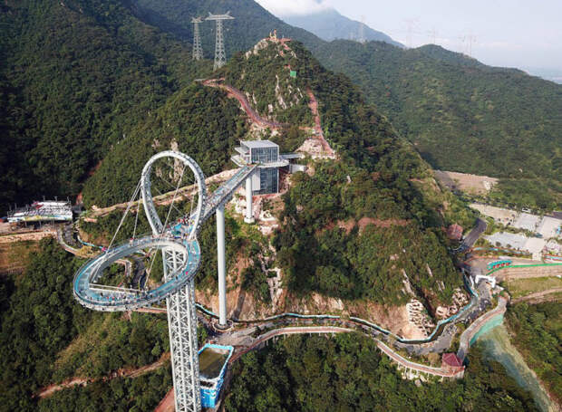 Консольный мост удерживается на трех опорах и мощных тросах (Huangtengxia Tianmen Sky Walk, Гуандун). | Фото: tejiayouwan.com. Консольный мост удерживается на трех опорах и мощных тросах (Huangtengxia Tianmen Sky Walk, Гуандун). | Фото: tejiayouwan.com.