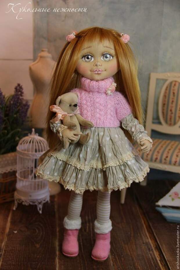 Купить Тася . Кукла авторская текстильная кукла . - бледно-розовый, серый, девочка с мишкой: 