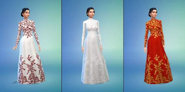 Винтажное свадебное платье с длинным рукавом и цветочным принтом – Sims 4