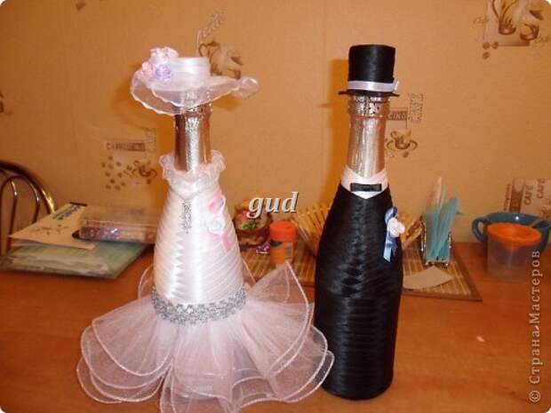 Декор предметов Мастер-класс Свадьба Аппликация Свадебные бутылочки и МК Ленты фото 19