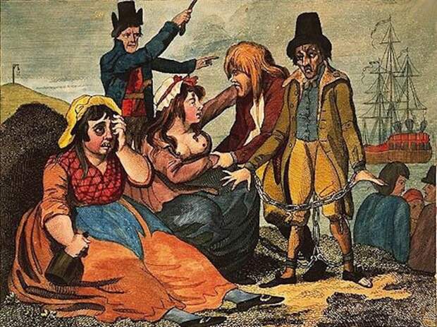 Отправка английских заключенных на каторгу в заморские колонии. Карикатура 1792 года