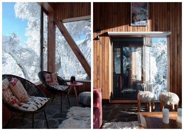Интерьер горной хижины оформлен в деревенском стиле (La Dacha, Чили). Интерьер горной хижины оформлен в деревенском стиле (La Dacha, Чили).