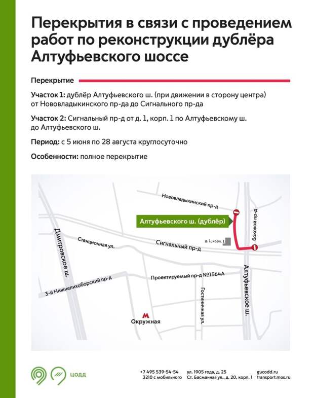 Движение транспорта перекроют на дублере Алтуфьевского шоссе с 5 июня