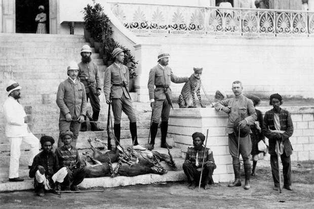 Князь Александр Михайлович и его спутники после охоты с гепардом, Индия, 1890 год. история, ретро, фото