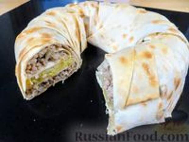 Фото к рецепту: Пирог из лаваша с начинкой из мясного фарша и капусты