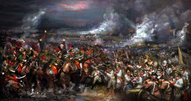 Австрийская пехота отражает удары кавалерии неприятеля. <br>