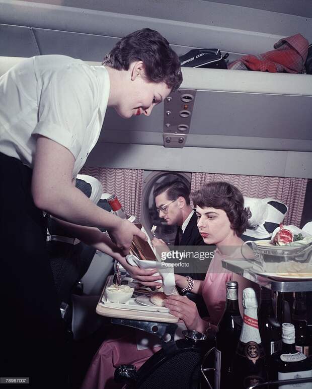 1956 A stewardess on board a BOAC, Britannia.jpg