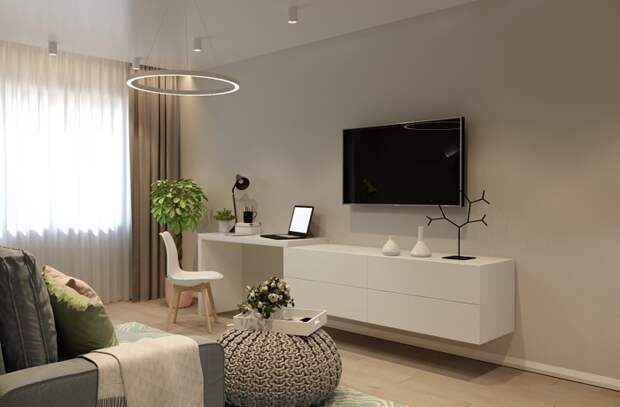 Гостиная в теплых нейтральных тонах. / Фото: remontbp.com