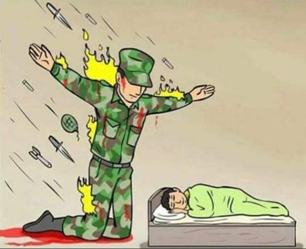 Мем где солдат защищает ребенка