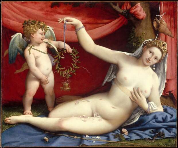 А вот пример другого свадебного портрета, написанного уже Лоренцо Лотто, "Венера и Купидон"