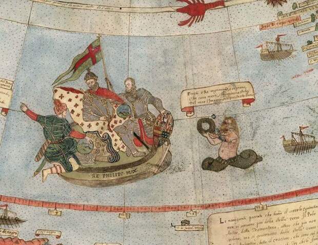 Изображение короля Испании Филиппа II рядом с побережьем Бразилии атлас, география, дэвид рамзи, карта мира, картограф, картография, проекция, старые карты