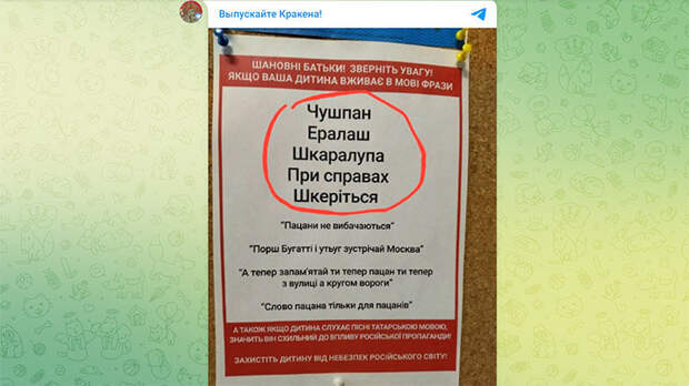 ОБЪЯВЛЕНИЕ В УКРАИНСКОЙ ШКОЛЕ, ПРЕДУПРЕЖДАЮЩЕЕ О ТЛЕТВОРНОМ ВЛИЯНИИ "СЛОВА ПАЦАНА" НА НЕОКРЕПШЕЕ ДЕТСКОЕ СОЗНАНИЕ. СКРИНШОТ: ТГ-КАНАЛ "ВЫПУСКАЙТЕ КРАКЕНА!"