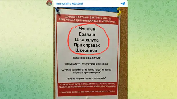 Объявление в украинской школе, предупреждающее о тлетворном влиянии "Слово пацана" не неокрепшее детское сознание