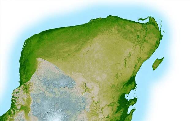 Топографическая карта полуострова Юкатан, в верхней левой части которого сохранились остатки ударного кратера Чиксулуб NASA/Getty Images