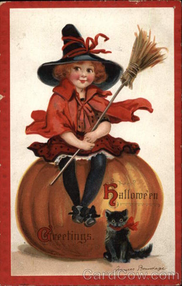 Halloween Greetings with Witch, Pumpkin, and Cat Frances Brundage