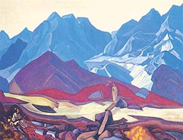 Николай Рерих. «Оттуда», 1935-1936 гг. Изображен посланец Шамбалы, выходящий из глубины гор к людям