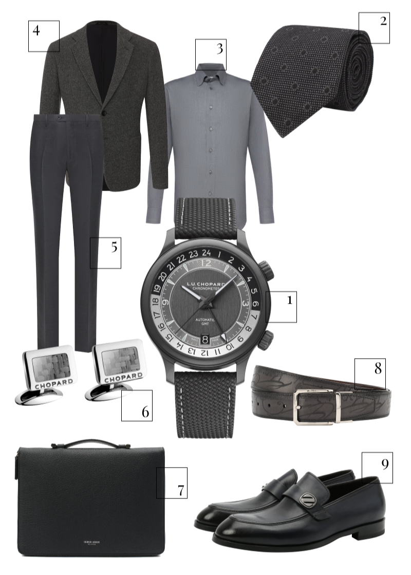 1. Часы L.U.C GMT One Black, Chopard, 955 900 руб. (Chopard) 2. Галстук Tom Ford, 15 950 руб. (Третьяковский проезд) 3. Сорочка Brioni, 63 000 руб. (Третьяковский проезд) 4. Пиджак Giorgio Armani, 126 500 руб. (ЦУМ) 5. Брюки Giorgio Armani, 43 150 руб. (ЦУМ) 6. Запонки Classic Racing, Chopard 27 650 руб. (Chopard) 7. Портфель Giorgio Armani, 129 500 руб. (ЦУМ) 8. Ремень Berluti, 65 350 руб. (ЦУМ) 9. Ботинки Ermenegildo Zegna, 68 700 руб. (Кутузовский проспект)