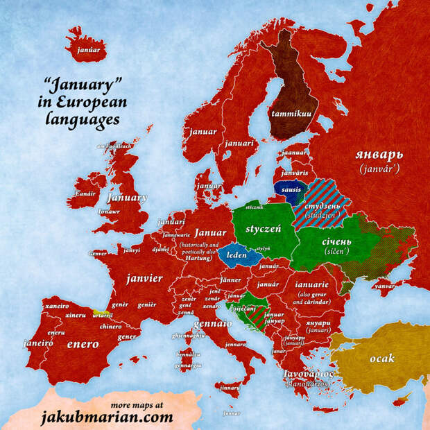 Так на европейских языках будет звучать слово "январь" Jakub Marian, карта, картография, карты