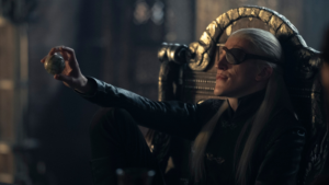 Ewan Mitchell as Aemond Targaryen, currently serving in his brother's place.