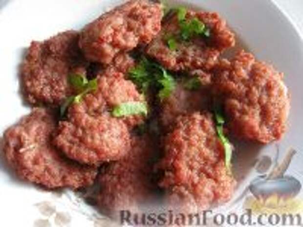 Фото к рецепту: Мясные оладьи из свино-говяжьего фарша