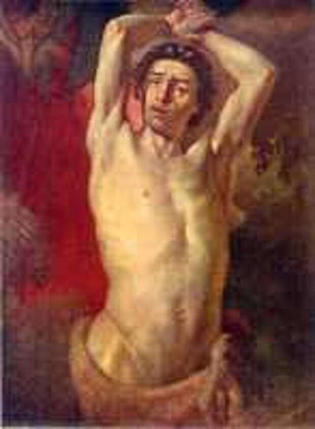 Т. Г. Шевченко. Натурщик в позе Марсия. [1840, не позднее 3 апреля. С.-Петербург). Холст, масло. 72 : 54,2 см. Государственный русский музей (Санкт-Петербург), № ж-3378.