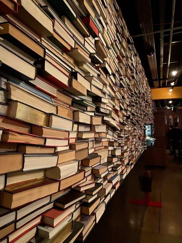 Стена в общественном заведении, сделанная полностью из книг Стена в общественном заведении, сделанная полностью из книг