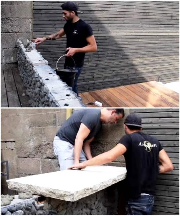 Столешницей для барной стойки будет служить бетонная плита, которую пришлось укладывать вместе с другом. | Фото: youtube.com/ M A R V I N Atmoss'vert.