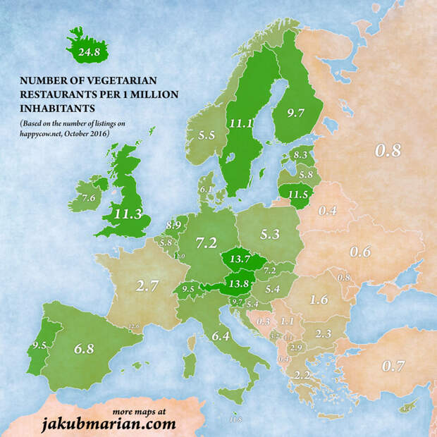 Количество вегетарианских ресторанов на 1 миллион жителей Jakub Marian, карта, картография, карты