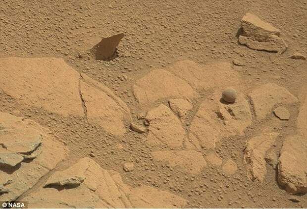 The discovery follows another intriguing image that showed an almost perfectly round rock on the Martian surface (shown). Nasa said it was likely an example of Martian concretion, the process of compacting and hardening a mass of matter. Continuing the cannon analogy, it also looks like a cannonball