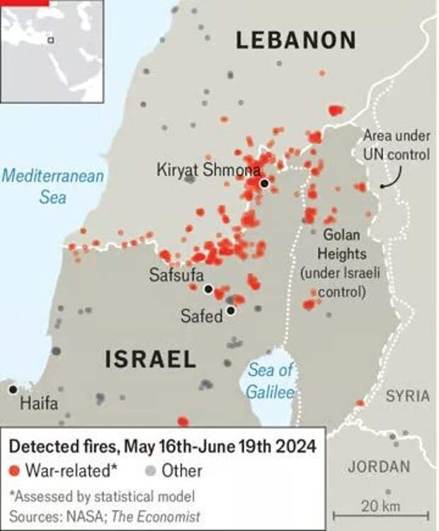Карта взаимных обстрелов Хизбаллы и ЦАХАЛа за последний год