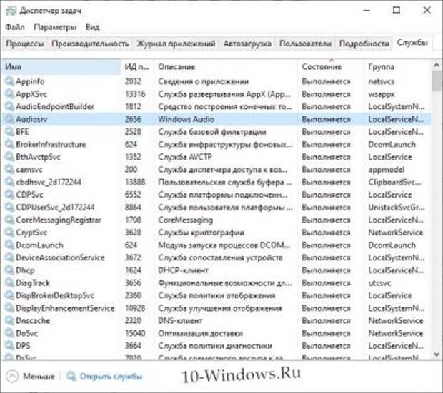 службы в диспетчере задач
