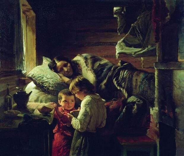 «У краюшки хлеба». (1890). Автор: А.И.Корзухин.